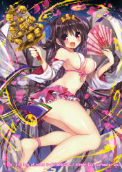 Rule 34 | 1girl, :d, amakawa sakko, anklet, bare shoulders, barefoot, bell, bikini, bikini top only, black hair, blush, breasts, cleavage, company name, copyright name, detached sleeves, english text, folding fan, hand fan, holding, holding fan, jewelry, jingle bell, kagura suzu, large breasts, legband, long hair, looking at viewer, microskirt, navel, open mouth, pleated skirt, red eyes, sideboob, skirt, smile, solo, swimsuit, tiara, very long hair, watermark, z/x