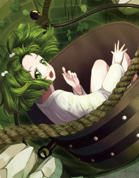 Rule 34 | 1girl, bad id, bad pixiv id, bucket, green eyes, green hair, hair bobbles, hair ornament, in bucket, in container, kisume, open mouth, rope, sasamaru chimaki, short hair, touhou, twintails, well