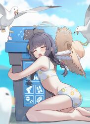 Rule 34 | 1girl, absurdres, ahoge, barefoot, bikini, bird, black hair, blue archive, blush, braid, closed eyes, commentary, foot out of frame, halo, hat, highres, kano (wi3028), leaf, leaf on head, leaf print, long hair, looking at viewer, miyu (blue archive), miyu (swimsuit) (blue archive), hugging object, official alternate costume, open mouth, print bikini, seagull, solo, straw hat, sweat, swimsuit, twin braids, variant set, white bikini