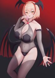 Rule 34 | 1girl, azur lane, bat wings, black background, black gloves, black leotard, black thighhighs, blonde hair, blush, breasts, bridal gauntlets, cleavage, cleavage cutout, clothing cutout, collarbone, fangs, gloves, gradient background, halloween, head wings, highres, large breasts, leotard, looking at viewer, multicolored hair, nail polish, navel, open mouth, oreon z, red background, red hair, roon (azur lane), see-through, see-through leotard, short hair, smile, standing, streaked hair, thighhighs, two-tone background, two-tone hair, vampire, wings, yellow eyes