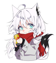 Rule 34 | 1girl, :3, ahoge, animal ear fluff, animal ears, braid, breath, can, commentary request, earrings, fox ears, fox girl, fox tail, green eyes, hair between eyes, highres, hiyashinssu, holding, holding can, hololive, jacket, jewelry, long hair, looking at viewer, pentagram, red scarf, scarf, shirakami fubuki, sidelocks, simple background, single braid, solo, tail, virtual youtuber, white background, white hair, white jacket