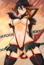 Rule 34 | 10s, 1girl, arms behind back, bad id, bad twitter id, blue eyes, blush, boots, breasts, chain, embarrassed, highres, kill la kill, large breasts, matoi ryuuko, multicolored hair, navel, nuezou, revealing clothes, scissor blade (kill la kill), senketsu, solo, suspenders, sword, thigh boots, thighhighs, tight clothes, two-tone hair, underboob, weapon