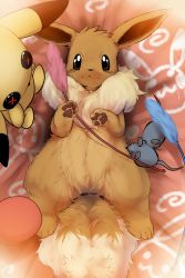 Rule 34 | brown eyes, button eyes, buttons, cat teaser, character doll, creatures (company), dagashi (daga2626), eevee, game freak, gen 1 pokemon, highres, lying, mouse (animal), nintendo, no humans, on back, pikachu doll, pokemon, pokemon (creature), smile, stuffed toy, tail, toy mouse