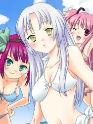 Rule 34 | 10s, 3girls, angel beats!, belt, bikini, blush, casual one-piece swimsuit, day, frilled swimsuit, frills, front-tie top, green eyes, hair ribbon, hairband, halterneck, hand on own hip, hip focus, long hair, multiple girls, nasunoko, one-piece swimsuit, one eye closed, pink eyes, pink hair, polka dot, polka dot swimsuit, purple hair, red eyes, ribbon, short hair, short twintails, side-tie bikini bottom, silver hair, sky, smile, swimsuit, tenshi (angel beats!), twintails, wink, yellow eyes, yui (angel beats!), nakamura yuri