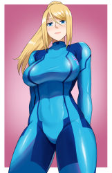 Rule 34 | 1girl, arms behind back, baracco, blonde hair, blue eyes, blush, bodysuit, breasts, commentary, covered navel, english commentary, highres, large breasts, long hair, looking at viewer, metroid, mole, mole under mouth, nintendo, ponytail, samus aran, sidelocks, skin tight, smile, solo, zero suit