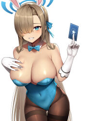 1girl absurdres asuna_(blue_archive) asuna_(bunny)_(blue_archive) between_fingers black_pantyhose blue_archive blue_bow blue_bowtie blue_eyes blue_halo blue_leotard blush bow bowtie breasts brown_hair card card_between_fingers cleavage commentary_request covered_navel cowboy_shot detached_collar gloves gluteal_fold grin hair_over_one_eye halo hand_on_own_chest hands_up highres holding korean_commentary large_breasts leotard long_hair looking_at_viewer macatatera mixed-language_commentary mole mole_on_breast official_alternate_costume pantyhose playboy_bunny simple_background smile solo strapless strapless_leotard very_long_hair white_background white_gloves