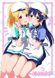 Rule 34 | 2girls, :q, ayase eli, blonde hair, blue eyes, blue hair, blush, character name, cheek-to-cheek, double scoop, food, gloves, hat, heads together, ice cream, ice cream cone, long hair, looking at viewer, love live!, love live! school idol project, multiple girls, nanatsu no umi, necktie, open mouth, ponytail, simple background, single scoop, sitting, sonoda umi, swept bangs, tongue, tongue out, white gloves, yellow eyes
