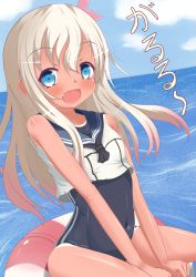 Rule 34 | 10s, 1girl, bad id, bad pixiv id, blonde hair, crop top, fang, flower, hair flower, hair ornament, highres, kantai collection, lifebuoy, long hair, one-piece swimsuit, onsen tamago (onnsenn), ro-500 (kancolle), sailor collar, school swimsuit, swim ring, swimsuit, swimsuit under clothes, tan, tanline, translation request