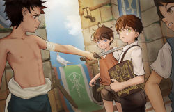 Rule 34 | 4boys, ass, baiyun (13487), bandaged arm, bandages, bare legs, bird, bishounen, blue eyes, book, brick wall, castle, child, closed mouth, commentary request, flag, green eyes, highres, lamp, male focus, multiple boys, muscular, muscular male, original, painting (medium), seagull, shield, shirt, shorts, sword, teeth, toned, toned male, topless male, traditional media, weapon, white bird, white shirt, wooden sword, yellow eyes