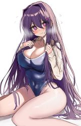 Rule 34 | 1girl, b4 (yonten), blue one-piece swimsuit, blush, breasts, cleavage, covered navel, doki doki literature club, flying sweatdrops, hair ornament, hairclip, highres, large breasts, long hair, looking at viewer, one-piece swimsuit, purple eyes, purple hair, school swimsuit, simple background, solo, sweater, swimsuit, swimsuit under clothes, thighs, very long hair, war, white background, yuri (doki doki literature club)
