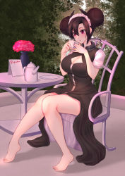Rule 34 | 1girl, agent (girls&#039; frontline), alternate costume, asymmetrical hair, barefoot, black dress, black hair, blush, breasts, cable, chair, cleavage, cleavage cutout, clothing cutout, collar, cup, double bun, dress, flower, full body, garden, girls&#039; frontline, hair ornament, hands up, highres, holding, holding cup, jewelry, kettle, large breasts, legs, looking at viewer, maid headdress, maple tree, menu, messy hair, mixed-language commentary, no shoes, open clothes, open dress, outdoors, pao mian+dan, parted lips, patio, patio chair, plantar flexion, purple eyes, ring, sangvis ferri, saucer, short sleeves, sidelocks, sitting, solo, table, teacup, thighs, tree, vase, wide-eyed