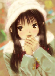 Rule 34 | 1girl, beanie, brown eyes, brown hair, hat, highres, kobayashi yuji, long hair, open mouth, original, scarf, solo, winter clothes