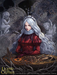 Rule 34 | 1girl, big hair, branch, breasts, bug, butterfly, cglange, company name, copyright name, dated, dress, frills, gears, gloves, grey eyes, hand on own arm, highres, insect, legend of the cryptids, lips, lipstick, long hair, long sleeves, looking at viewer, makeup, medium breasts, neck ruff, puff and slash sleeves, puffy short sleeves, puffy sleeves, red dress, roman numeral, short sleeves, silver hair, sitting, solo, statue, tiara, watermark, wavy hair
