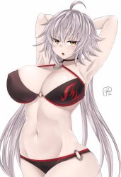 Rule 34 | 1girl, armpits, arms behind head, arms up, breasts, curvy, fate/grand order, fate (series), jeanne d&#039;arc alter (fate), jeanne d&#039;arc alter (swimsuit berserker) (fate), jeanne d&#039;arc (fate), large breasts, long hair, looking at viewer, navel, open mouth, shounan no tamasu, silver hair, simple background, skindentation, solo, swimsuit, very long hair, white background, yellow eyes