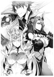 Rule 34 | 2girls, breasts, cleavage, horns, large breasts, long hair, mature female, monochrome, multiple girls, revealing clothes, sapphire (shinmai maou no testament), shinmai maou no testament