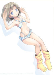 Rule 34 | 1girl, absurdres, arms up, bikini, blue eyes, expressionless, flat chest, frilled bikini, frills, full body, grey hair, highres, looking at viewer, navel, original, parted lips, pop (electromagneticwave), short hair, socks, solo, swimsuit