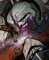 Rule 34 | 10s, 2015, autobot, blood, blood on face, blood splatter, blurry, cannibalism, damaged, decepticon, dying, eating, energon, highres, injury, megatron, murder, no humans, optimus prime, red eyes, sharp teeth, signature, spheen, teeth, transformers