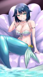 Rule 34 | 1girl, awono nanaumi, blue hair, blush, breasts, cleavage, collarbone, commentary request, fins, fukami nana (awono nanaumi), green eyes, hair flaps, highres, large breasts, looking at viewer, mermaid, monster girl, original, short hair, sitting, smile, solo, teeth, water