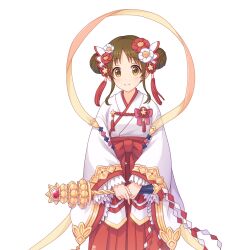 Rule 34 | brown eyes, brown hair, double bun, hair bun, hair ornament, japanese clothes, looking ahead, looking at viewer, miko, official art, princess connect!, red skirt, skirt, suzume (new year) (princess connect!), suzume (princess connect!), tachi-e, transparent background, wand