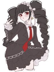 Rule 34 | 1girl, :o, absurdres, black hair, black jacket, black skirt, celestia ludenberg, cropped legs, danganronpa: trigger happy havoc, danganronpa (series), drill hair, earrings, gothic lolita, grey background, hand up, headdress, highres, jacket, jewelry, layered skirt, lolita fashion, long hair, looking at viewer, mi loveyouuu, necktie, open clothes, open jacket, pleated skirt, red necktie, simple background, skirt, solo, twin drills, twintails