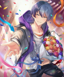 Rule 34 | 1boy, aoyagi touya, black pants, blue hair, bouquet, commentary, confetti, dark blue hair, flower, grey eyes, highres, holding, holding bouquet, hood, hood down, hooded jacket, jacket, jewelry, long sleeves, looking at viewer, male focus, mole, mole under eye, multicolored hair, necklace, offtoon12, open clothes, open jacket, orange flower, outstretched arm, outstretched hand, pants, project sekai, purple flower, purple hood, red flower, smile, solo, split-color hair, teeth, torn clothes, torn pants, two-tone hair, yellow flower, zipper