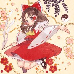 Rule 34 | 1girl, ascot, bad id, bad twitter id, black footwear, blush, bobby socks, bow, brown hair, commentary request, detached sleeves, floral background, frilled shirt collar, frills, full body, gohei, grey eyes, hair bow, hair tubes, hakurei reimu, holding, jumping, long hair, long sleeves, looking at viewer, mary janes, nontraditional miko, outstretched arm, parted lips, petals, petticoat, red bow, red shirt, red skirt, reiwa, ribbon-trimmed sleeves, ribbon trim, shirt, shoes, skirt, skirt set, socks, solo, touhou, wide sleeves, yellow ascot, yin yang, yujup