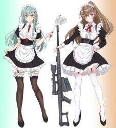 Rule 34 | 2girls, alternate costume, apron, between breasts, black dress, black thighhighs, breasts, brown hair, dress, duster, enmaided, feather duster, frilled thighhighs, frills, full body, garter straps, gradient hair, green eyes, gun, highres, kantai collection, kumano (kancolle), long hair, maid, maid day, maid headdress, medium breasts, multicolored hair, multiple girls, necktie, necktie between breasts, nitamako (sakamalh), red necktie, rifle, scope, sniper rifle, suzuya (kancolle), thighhighs, waist apron, weapon, weapon request, white apron, white thighhighs