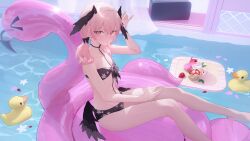 Rule 34 | 1girl, absurdres, barefoot, bikini, black wings, blue archive, blush, commentary, dingding (chongsangjun), feathered wings, food, front-tie bikini top, front-tie top, halo, head wings, highres, ice cream, inflatable flamingo, inflatable toy, koharu (blue archive), koharu (swimsuit) (blue archive), looking at viewer, low wings, pink eyes, pink hair, pink halo, pool, print bikini, rubber duck, solo, spaghetti strap, swimsuit, twintails, wings