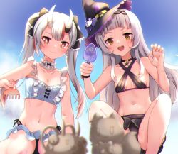 Rule 34 | + +, 2girls, :d, backlighting, bare arms, bare shoulders, bikini, black bikini, black bow, black choker, black headwear, blue bikini, blue sky, blush, bow, breasts, brown eyes, brown hair, choker, cleavage, cloud, collarbone, commentary request, criss-cross halter, day, faubynet, frilled bow, frills, grey hair, hair bow, halterneck, hands up, hat, holding, hololive, horns, multicolored hair, multiple girls, murasaki shion, murasaki shion (hololive summer 2019), nakiri ayame, nakiri ayame (hololive summer 2019), navel, oni, open mouth, outdoors, poyoyo (nakiri ayame), red eyes, red hair, revision, sand sculpture, shiokko (murasaki shion), sitting, skin-covered horns, sky, small breasts, smile, squatting, star (symbol), streaked hair, striped bikini, striped clothes, sweat, swimsuit, teeth, tilted headwear, trowel, twintails, upper teeth only, vertical-striped bikini, vertical-striped clothes, virtual youtuber, witch hat