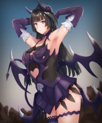 Rule 34 | 1girl, absurdres, armpits, artist name, black hair, breasts, cleavage, closed mouth, cozie178, demon horns, demon wings, dress, elbow gloves, feet out of frame, gloves, highres, honkai (series), honkai impact 3rd, horns, long hair, looking at viewer, medium breasts, purple dress, purple eyes, purple gloves, raiden mei, raiden mei (lightning empress), simple background, smile, solo, standing, wings