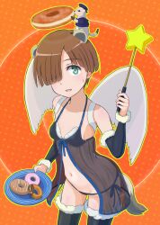 Rule 34 | 1girl, animal ears, black thighhighs, blue eyes, blush, breasts, brown hair, doughnut, food, hair over one eye, highres, joanna elizabeth stafford, keicha (kmoekaki), lingerie, luminous witches, navel, negligee, open mouth, panties, prairie dog, prairie dog ears, prairie dog tail, short hair, side-tie panties, small breasts, solo, tail, thighhighs, underwear, wand, world witches series