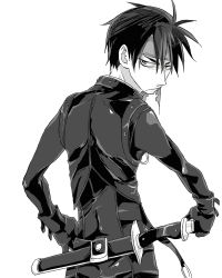 Rule 34 | 1boy, bad id, bad pixiv id, belt, buckle, cowboy shot, gloves, greyscale, kittaka kaname, looking at viewer, majutsushi orphen, male focus, monochrome, orphen, sheath, sheathed, simple background, solo, spiked hair, white background