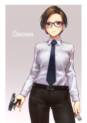 Rule 34 | 1girl, arms at sides, belt, black pants, blue eyes, blue necktie, border, brown eyes, brown hair, collared shirt, cowboy shot, earrings, eyelashes, finger on trigger, fingernails, genso, glasses, gradient background, gun, handgun, highres, holding, holding gun, holding weapon, jewelry, lipstick, long sleeves, looking at viewer, magazine (weapon), makeup, matching hair/eyes, necktie, original, pants, pinky out, pistol, shirt, smile, solo, striped clothes, striped shirt, stud earrings, vertical-striped clothes, vertical-striped shirt, weapon, white border