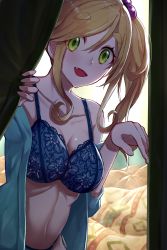 Rule 34 | 1girl, :d, bare shoulders, bed sheet, blue bra, blue panties, bra, breasts, collarbone, commentary request, fang, green eyes, highres, inuyama aoi, lace, lace-trimmed bra, lace trim, large breasts, lingerie, looking at viewer, navel, off shoulder, open clothes, open mouth, panties, presenting, rerere, side ponytail, smile, solo, swept bangs, tent, thick eyebrows, underwear, yurucamp
