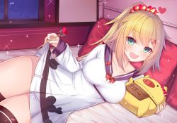 Rule 34 | 1girl, :d, akai haato, akai haato (casual), blonde hair, blue sailor collar, blush, breasts, brown thighhighs, clothes lift, collarbone, commentary request, dress, dress lift, fang, fingernails, green eyes, haaton (akai haato), hair between eyes, hair ornament, hairclip, heart, heart hair ornament, high ponytail, highres, holding, hololive, indoors, lifting own clothes, long hair, long sleeves, looking at viewer, lying, medium breasts, night, night sky, on bed, on side, open mouth, pig, pillow, pleated dress, ponytail, sailor collar, sailor dress, sky, sleeves past wrists, smile, solo, sparkle, thighhighs, translation request, very long hair, virtual youtuber, white dress, window, yoshiheihe