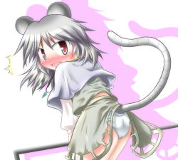 Rule 34 | 1girl, animal ears, ass, baerun, blush, clothes lift, female focus, grey hair, jewelry, mouse ears, mouse tail, nazrin, panties, pendant, short hair, skirt, skirt lift, solo, tail, touhou, underwear, white background