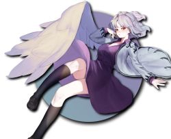 Rule 34 | 1girl, absurdres, arm up, black footwear, black socks, blush, braid, breasts, circle, cleavage, dress, ears, feathered wings, feet out of frame, french braid, grey jacket, half updo, hand in own hair, heoningu, highres, jacket, kishin sagume, kneehighs, knees, large breasts, loafers, long sleeves, looking at viewer, open clothes, open jacket, parted lips, purple dress, red eyes, shoes, short hair, silver hair, simple background, single wing, socks, solo, thighs, touhou, white background, white wings, wing collar, wings