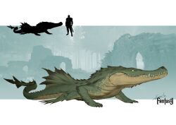 Rule 34 | absurdres, animal focus, claws, crocodile, crocodilian, fins, from side, full body, highres, monster, original, outdoors, scales, sharp teeth, signature, silhouette, size comparison, slit pupils, solo focus, sonech, tail, teeth, webbed feet, yellow eyes