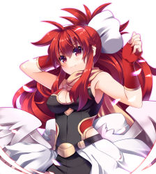 Rule 34 | 1girl, arm behind head, bad id, bad pixiv id, belt, blush, bow, breasts, chibi (nekomimimi), cleavage, cleavage cutout, clothing cutout, feathers, fingerless gloves, gloves, hair bow, highres, long hair, low wings, medium breasts, nail polish, ponytail, red eyes, red hair, scarf, shinrabanshou, shiten rekka karin, simple background, smile, solo, white background, wings