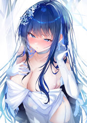 Rule 34 | 1girl, absurdres, black hair, blue archive, blue eyes, blue halo, blush, breasts, choker, cleavage, cowboy shot, dress, earrings, elbow gloves, gloves, halo, highres, jewelry, large breasts, long hair, nenobi (nenorium), official alternate costume, open mouth, saori (blue archive), saori (dress) (blue archive), solo, thighhighs, white choker, white dress, white gloves, white thighhighs