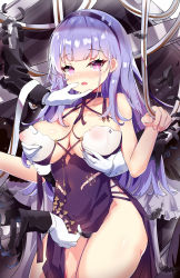 Rule 34 | 14c, 1girl, absurdres, azur lane, bare shoulders, blue dress, blush, grabbing another&#039;s breast, breasts, cleavage, collarbone, commentary request, covered erect nipples, criss-cross halter, deep skin, dido (anxious bisque doll) (azur lane), dido (azur lane), disembodied hand, dress, dress straps, eyelashes, grabbing, grabbing own breast, hairband, halter dress, halterneck, hand on breast, headband, highres, large breasts, long hair, looking at viewer, multigrope, multiple hands, open mouth, purple dress, purple eyes, purple hairband, purple headband, revision, see-through, side slit, sidelocks, silver hair, solo, thighs