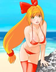 Rule 34 | 1girl, arm support, beach, bikini, blonde hair, blush, boulder, bow, breasts, cleavage, day, francine (daijaemon), green eyes, hair bow, hanging breasts, large breasts, leaning forward, lipstick, looking at viewer, makeup, ocean, original, outdoors, red bikini, red lips, red thighhighs, sky, solo, swimsuit, thigh gap, thighhighs