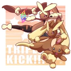 Rule 34 | black sclera, border, brown fur, buneary, closed mouth, colored sclera, commentary request, creatures (company), english text, evolutionary line, game freak, gen 4 pokemon, lopunny, mega evolution symbol, mega lopunny, mega pokemon, nintendo, open mouth, outside border, pink background, pokemon, pokemon (creature), rabbit, red eyes, wataame4907, white border