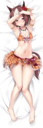 Rule 34 | 1girl, absurdres, animal ears, armpits, arms up, bare legs, bare shoulders, barefoot, bed sheet, bikini, breasts, brown bikini, brown hair, cac itinose, cleavage, commentary request, dakimakura (medium), flower, full body, gluteal fold, groin, hair flower, hair ornament, hair over one eye, hairclip, highres, horse ears, horse girl, horse tail, looking at viewer, medium breasts, multicolored hair, navel, open mouth, plaid, plaid bikini, purple eyes, red flower, solo, special week (hopping vitamin heart) (umamusume), special week (umamusume), streaked hair, swimsuit, tail, thigh gap, umamusume, white flower, white hair