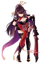 Rule 34 | 1girl, artist name, beidou (genshin impact), black gloves, blush, boots, breasts, brown hair, chenna, claymore (sword), cleavage, commentary, english commentary, eyepatch, fingerless gloves, full body, genshin impact, gloves, greatsword, hair ornament, hair over one eye, hair stick, hand on own hip, high heel boots, high heels, highres, huge weapon, leaning forward, long hair, looking at viewer, pelvic curtain, planted sword, planted, red eyes, simple background, smile, solo, standing, sword, thigh boots, thighhighs, watermark, weapon, web address, white background