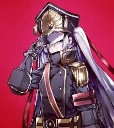 Rule 34 | 1girl, altair (re:creators), armband, belt, black coat, buttons, coat, gauntlets, gold trim, gradient background, hair between eyes, hair ribbon, hat, highres, lion head (ornament), looking at viewer, looking to the side, lplpsteven, military uniform, re:creators, red background, red eyes, red ribbon, ribbon, shako cap, solo, twintails, uniform, upper body, white hair