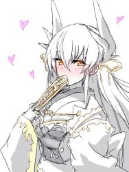 Rule 34 | 1girl, blush, hand fan, fate/grand order, fate (series), hair between eyes, heart, himo, horns, japanese clothes, kimono, kiyohime (fate), long hair, looking at viewer, partially colored, solo, very long hair, yellow eyes