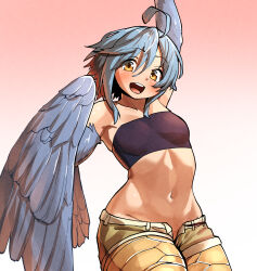Rule 34 | 1girl, ahoge, arm up, bandeau, bare shoulders, bird legs, black bandeau, blue feathers, blue hair, blue wings, blush, breasts, feathered wings, feathers, gradient background, hair between eyes, harpy, highres, kagarimachi konatsu, looking at viewer, midriff, monster girl, monster musume no iru nichijou, navel, open fly, open mouth, papi (monster musume), red background, short hair with long locks, shorts, sidelocks, small breasts, solo, teeth, upper teeth only, white background, winged arms, wings, yellow eyes