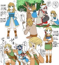 Rule 34 | 2boys, 2girls, ^^^, ahoge, animal, animal hood, apron, arm up, arms up, arrow (symbol), artist name, backpack, bag, belt, black skirt, blonde hair, blood, blue apron, blue dress, blue eyes, blush, bokoblin, bokoblin (cosplay), book, boots, brown footwear, brown pants, brown shirt, brown shorts, chasing, child, claw pose, climbing, closed mouth, coat, cosplay, dress, earrings, expressionless, eyeshadow, family, father and daughter, flat color, from behind, from side, full body, glasses, grass, green eyes, green vest, grey coat, grey eyes, grey footwear, hair bun, hair ornament, hair stick, hair tie, hairclip, hand on own face, hand up, hands on own hips, hands up, happy, head rest, headband, holding, holding book, holding ladle, hood, if they mated, japanese text, jewelry, knee boots, ladle, light blush, link, lizard, long hair, long sleeves, looking down, makeup, motion lines, multiple boys, multiple girls, multiple views, nintendo, hugging object, open mouth, outdoors, outstretched arms, own hands together, pants, parted bangs, pointy ears, ponytail, purah, red-framed eyewear, red footwear, red headband, round eyewear, running, sandals, scared, sheath, sheathed, shijima (4jima), shirt, short hair, short shorts, shorts, sidelocks, signature, simple background, single hair bun, skirt, sleeveless, sleeveless dress, smile, socks, speech bubble, split mouth, squatting, standing, straight-on, surprised, sword, tabi, talking, text focus, the legend of zelda, the legend of zelda: breath of the wild, translation request, tree, turn pale, twitter username, upper body, vest, weapon, weapon on back, white background, white hair