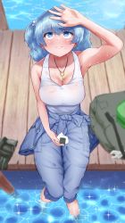 Rule 34 | 1girl, absurdres, arm up, bag, bare arms, bare shoulders, barefoot, blue eyes, blue hair, blush, breasts, caustics, cleavage, collarbone, day, from above, green hat, hair bobbles, hair ornament, hand up, hat, highres, jewelry, kawashiro nitori, key, large breasts, legendkdt, necklace, no headwear, outdoors, pants, pendant, pocket, short hair, sitting, soaking feet, solo, sweat, tank top, touhou, two side up, unworn hat, unworn headwear, water, wet